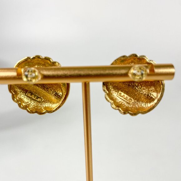 Vintage Swarovski SAL Gold Tone Blue Rhinestones Round Pierced studded Earrings - Picture 2 of 2